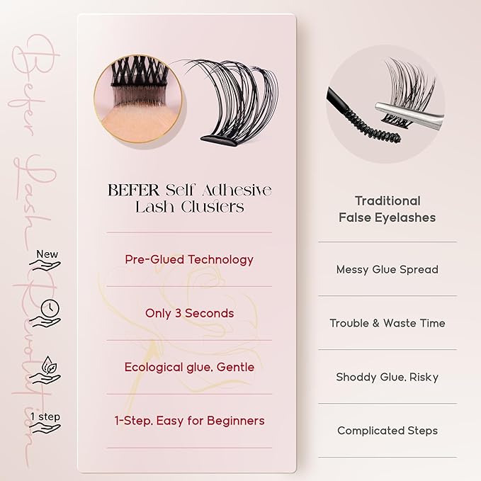 BEFER Self Adhesive Eyelashes Clusters, D Curl 10-16MM Pre Glued Lash Natural Look No Glue No Remover Needed Reusable Lashes Press on Eyelash Clusters Easy for Use DIY at Home(24-1,Air)