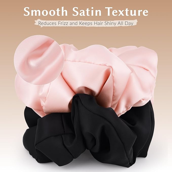 2 Pack Silky Scrunchies No Damage Pillow Scrunchies, Silk-Lilk Soft Oversized Hair Ties Ponytail Holders for Sleeping, Curly Thick or Thin Hair (Pink & Black)