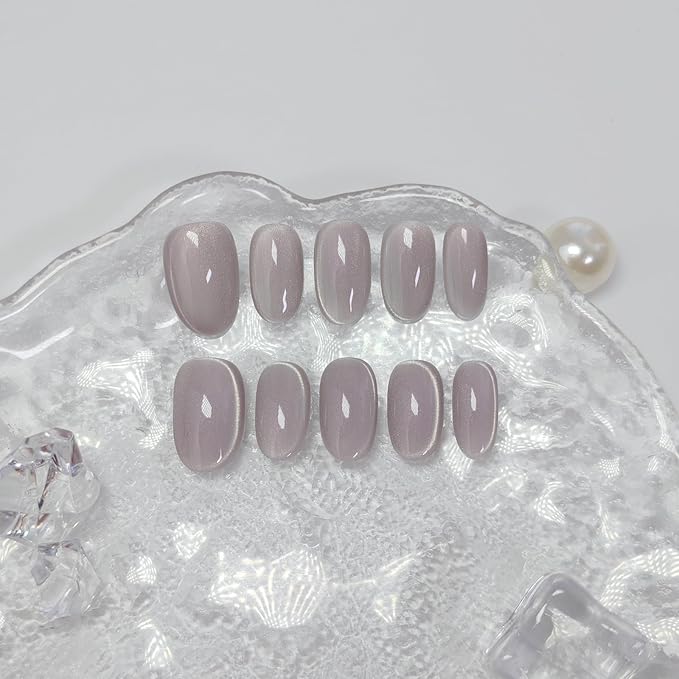 Cat Eye Press on Nails Handmade Short Oval/Square/Round False Nails with French Tip/Aurora/Magnetic Shimmer Designs (Side#Perfumer M)