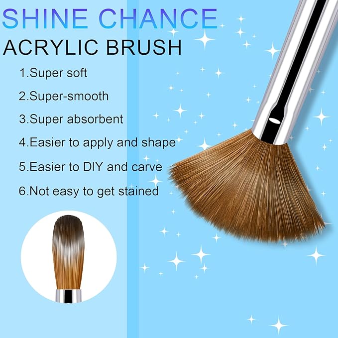 Shine Chance 4pc Acrylic Nail Brush Set, Kolinsky Hair Nail Art Brushes, Art Design & Polish Mistake Cleaning Manicure Tools for Women (Sizes 6, 8, 12, 16)