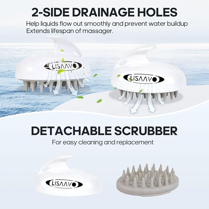 LISAAVO Scalp Massager Brush, with 3 Replacement Heads, 3 Softness for Selection, Shampoo Brush for Relaxing, Deep Cleansing Exfoliator & Soothes itching - Wet/Dry Use for All Hair Types, White