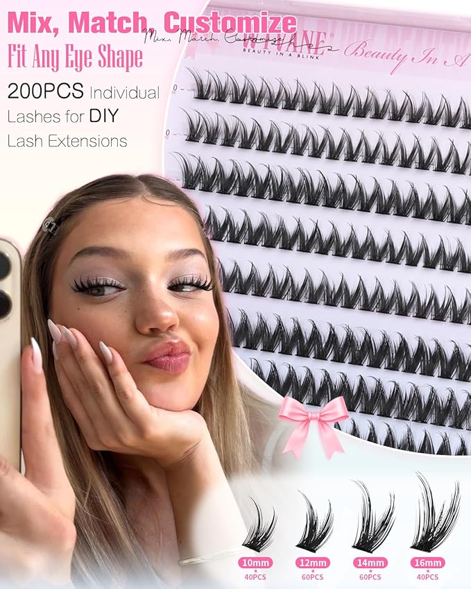 Wtvane Fairy Lash Clusters Wispy Eyelash Clusters Natural 10-16MM Lash Extensions 200Pcs Individual Lashes Clusters CD Curl Cluster Eyelash Extensions with Thin Lash Bnad DIY Manga Look at Home