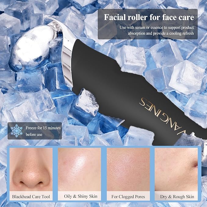 Vangines Blackhead Scraper Tool & Skin Scrubber Face Spatula for Blackhead Removal, Pore Cleaning, with Cooling Ice Roller & 2 Silicone Brush Heads (Charcoal Black)