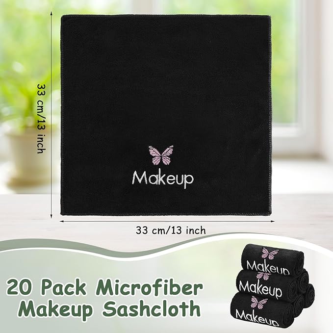 Shimeyao 20 Pack Makeup Towels Black Makeup Washcloths for Face Butterfly Microfiber Remover Cloth 13x13 Inch Quick Dry Face Towels for Cleansing Hand