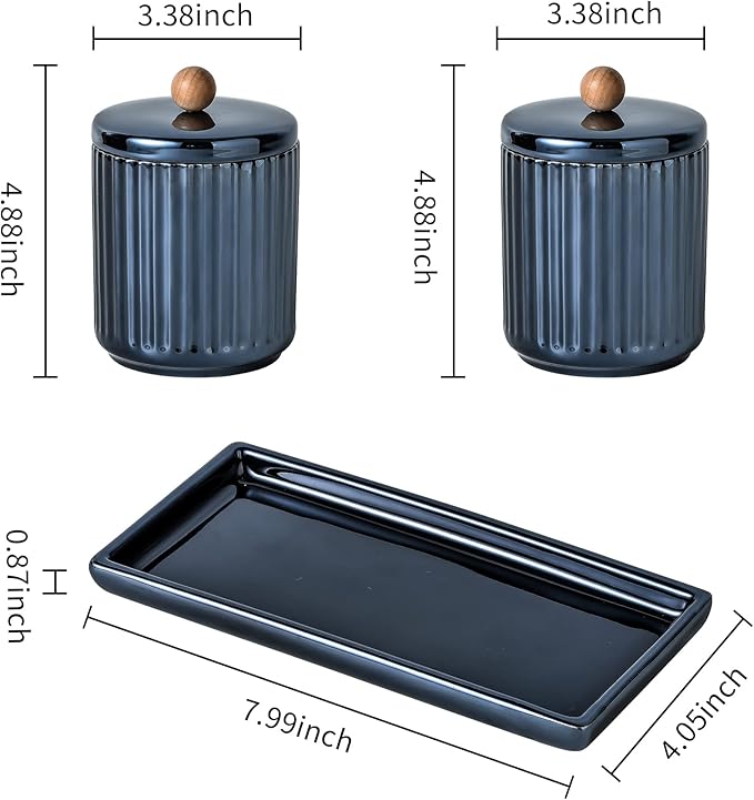 Redelaenor Qtip Holder Bathroom Set with Tray(3PCS) - 2 Piece 12 oz Blue Apothecary Jar Canister with Lid and 1 Pack Ceramic Vanity Tray