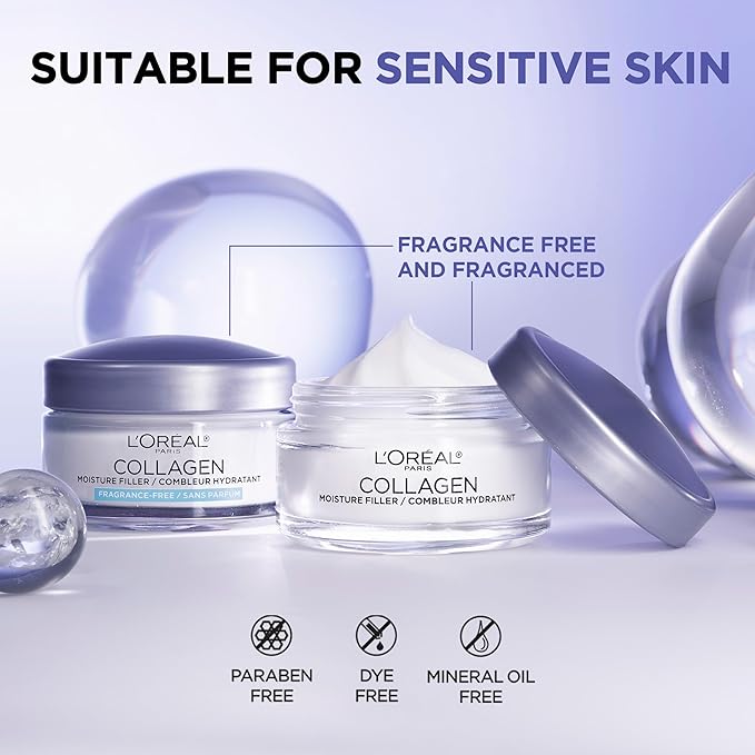 L'Oreal Paris Collagen Moisture Filler Face Cream, Anti-Aging Face Moisturizer, Non-Greasy Fragrance Free Skin Care Formula For Up to 48HR Hydration, 3.4 Oz