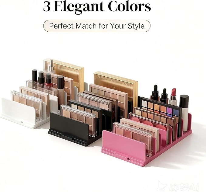 Oufiin Adjustable Makeup Organizer with Movable Dividers, Acrylic Cosmetic Storage Display Case for Eyeshadow Palettes, Lipsticks, Desktop or Drawer Organization (Pink)