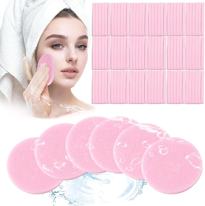 Mgiflw Compressed Facial Sponge,Reusable Makeup Blender 60 Count,Soft Round Wash Sponges for Estheticians Makeup Removal,Face Cleansing Exfoliating Compress Spa Pads for Women,Pink