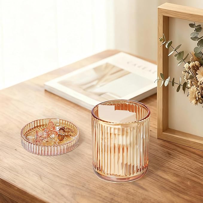 SheeChung 4-Pack Amber Glass Apothecary Jars - Vintage Sunburst Bathroom Organizer Set - Qtip Holder Dispenser, Cotton Swab Ball Pad Storage - Luxury Farmhouse Vanity Canisters