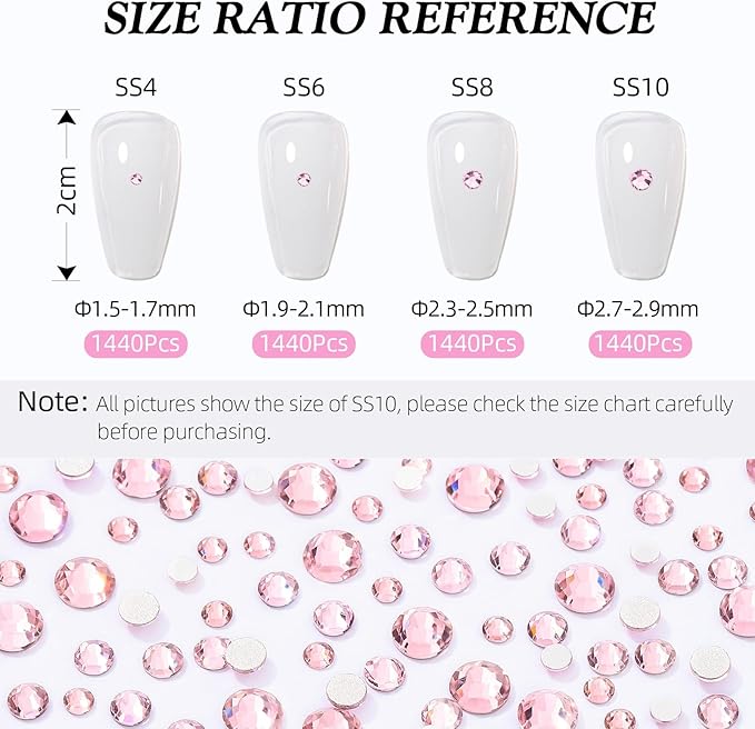Meibite Pink Flatback Rhinestones, Glass Rhinestones for Nail Art and Craft, Glue Fix, Loose Crystal Gemstones(Pink, SS8, 1440pcs, 2.3-2.5mm)