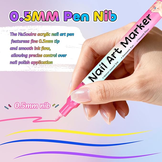 NuSoulra 12 Colors Nail Art Pens Set, Nail Art Markers with 15pcs Nail stickers, 0.5mm Acrylic Painted Pen for Gel Nails,Dotting Painting Pen Quick-drying for DIY Manicure Tools (0.5mm 12color)