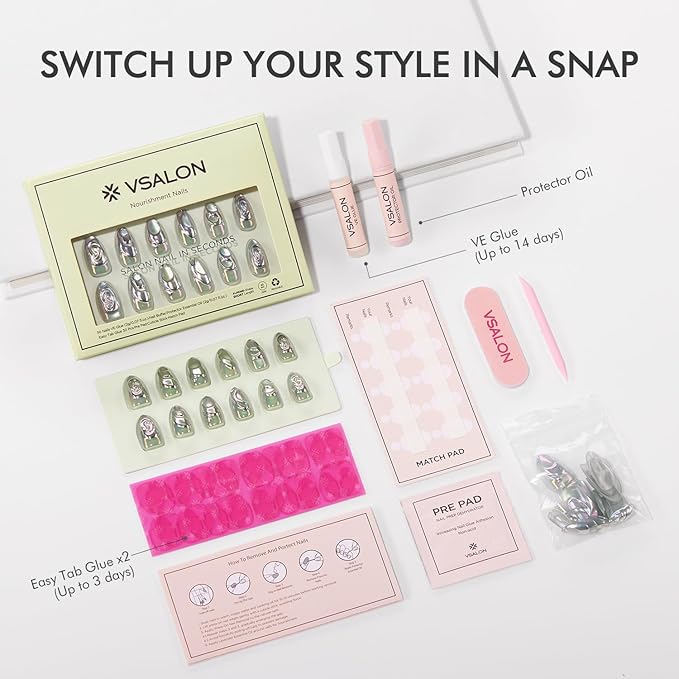 VSALON Press on Nails Short Almond - Chrome Silver Cat Eye 3D Swirl Design Fake Nails Kit for Women, Reusable Salon Quality Glue on Nails - 32 PCS Stick on Nails in 16 Sizes with Glue & Cuticle Oil