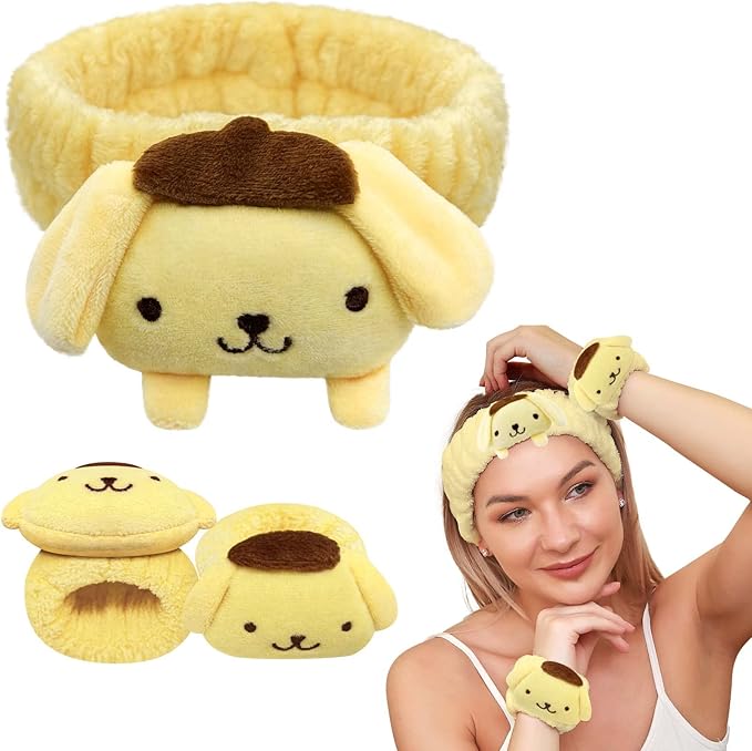 Kawaii Spa Headband and Wristband Set for Face Washing, Cute Soft Skincare Headbands for Women Girls, Fluffy Makeup Headband for Washing Face, Bath, Shower, Beauty