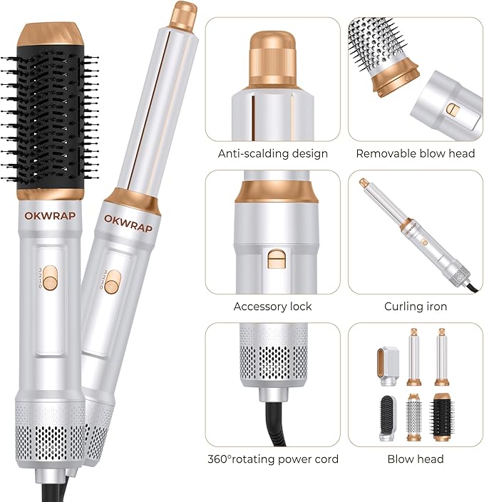 6 in ONE Blow Dryer Brush,Air Curling Iron Round Brush Blow Dryer 800W,Ionic Hair Dryer Brush for Women, Hot Air Brush Hair Styling Tools 100-120V