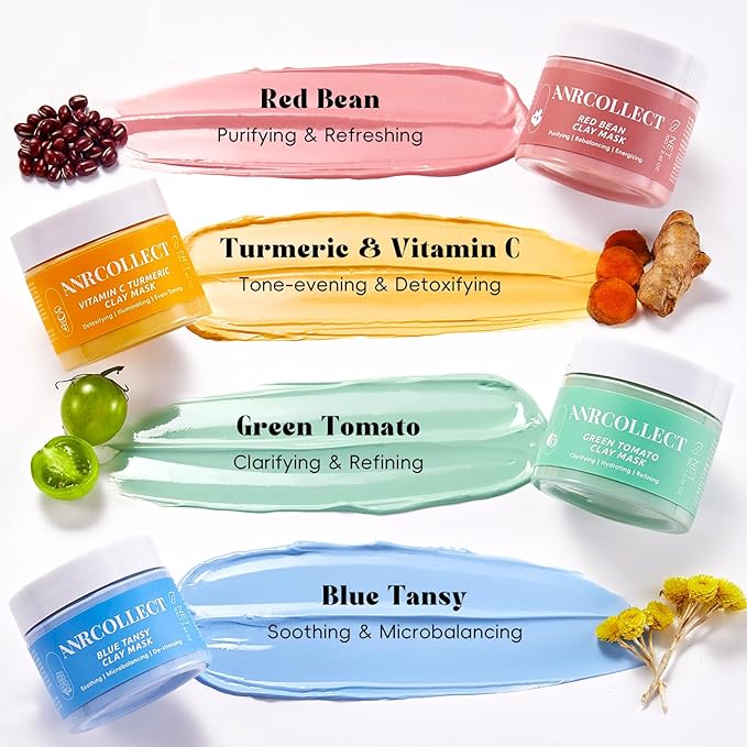 ANRCOLLECT 4Pcs Clay Mask Set, Kaolin Facial Spa Kit for Pore Cleansing & Glowing, Hydrating Mud Cream Wash-Off Mask for All Skin Types, Women and Men (70g*4+Brush), Teen Girl Gifts