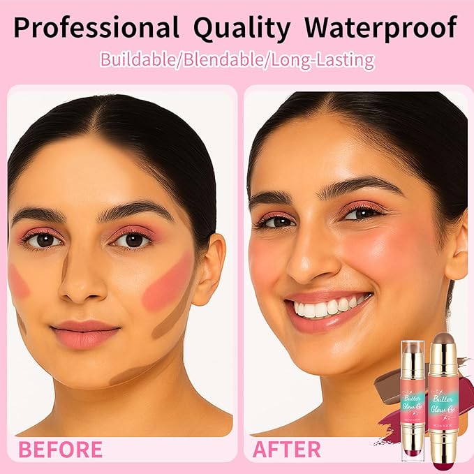 Dual-Ended Blush and Bronzer Stick – 2-in-1 Creamy Face Cheeks Contour Makeup, Smooth Hydrating Formula, Buildable Color for Natural Radiant Glow Beauty For Women (Beach Bum Plum)