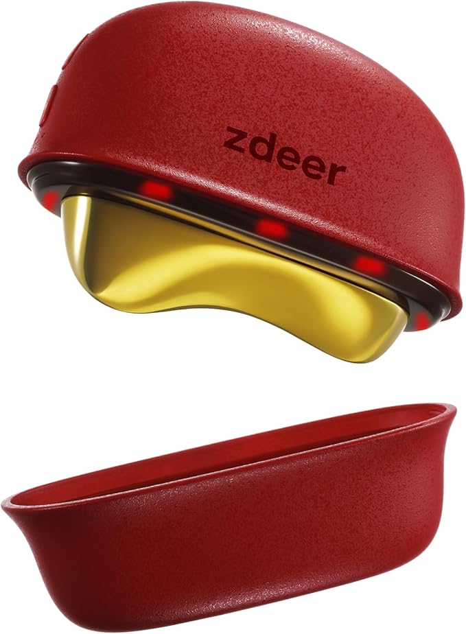 LED Red Light Therapy for Face & Neck Massager Facial Care Device – Electric Gua Sha Brass Tool with Heat & Vibration for Firming, Sculpting & Skincare, Red