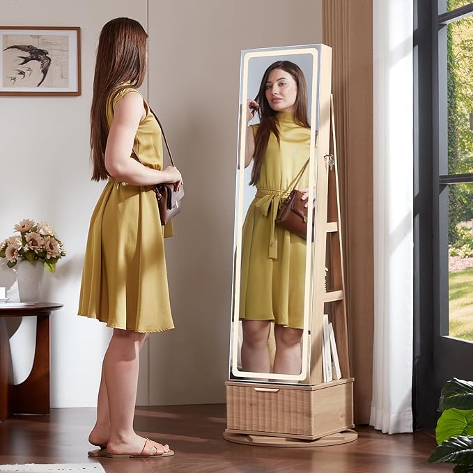 Fluted 360° Swivel Jewelry Armoire Cabinet Standing with Full Length Mirror, Lockable Jewelry Organizers and Drawer Storage with 3 Color LED Lights & Interior Mirror Rear Storage Shelves