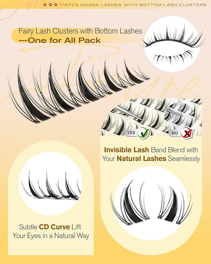 Manga Lash Clusters Wispy Lashes Clusters Natural Look Natural Eyelash Clusters Eyelash Extensions 8-16MM Fairy Individual Lashes with Bottom Lashes 6-7mm
