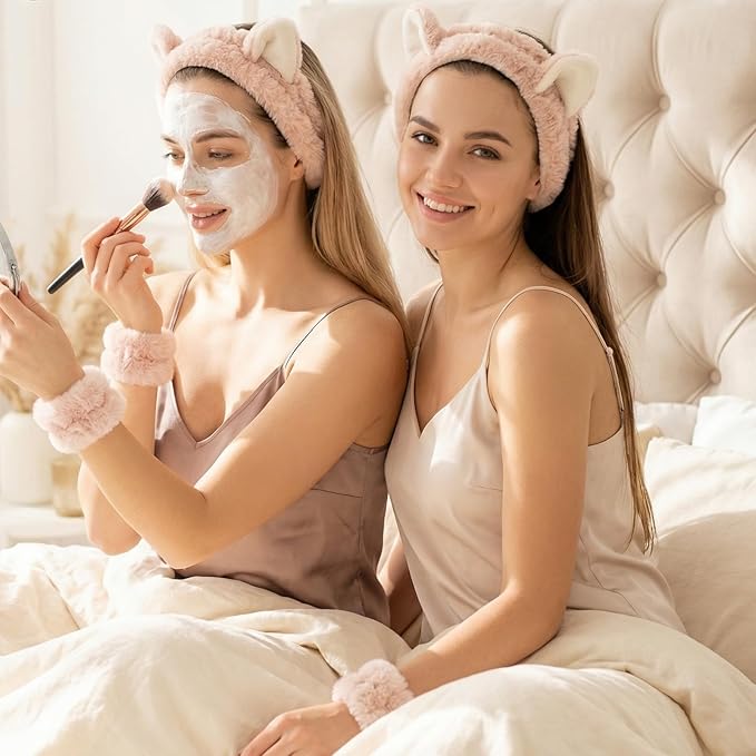 XLIUAX Headbands for Women, Elastic Spa Headband with 2pcs Wristband Set, Cute Plush Cat Ears Puffy Head Band Makeup Hair Band for Washing Face Skincare Yoga Facial Mask(Beige)