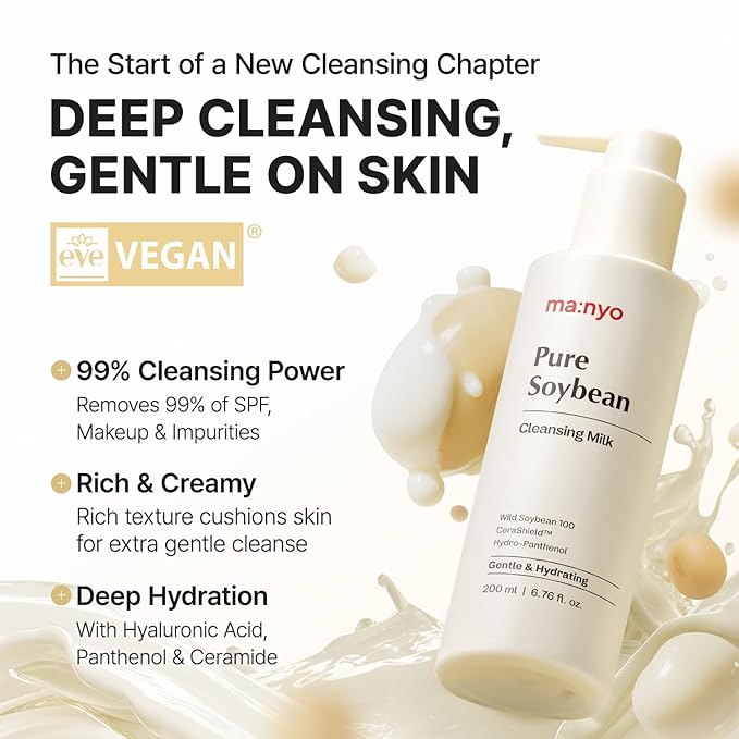MANYO Pure Soybean Cleansing Milk, Hydrating Facial Milky Cleanser for Skin Barrier Repair, Hydrating Skincare with Hyaluronic Acid for Dry, Sensitive Skin, 6.76 fl oz (200ml)