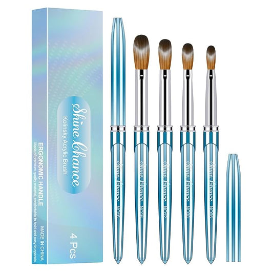 Shine Chance 4pc Acrylic Nail Brush Set, Kolinsky Hair Nail Art Brushes, Art Design & Polish Mistake Cleaning Manicure Tools for Women (Sizes 6, 8, 12, 16)