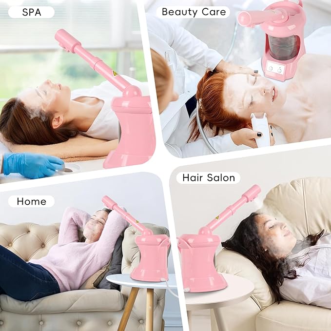 Facial Steamer Professional with Extendable Arm, 360°Rotating Nozzle Face Steamer for Facial Deep Cleaning, Portable Facial Steamer for Beauty, Spa and Home Use（Pink）