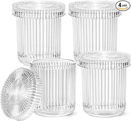 SheeChung 4-Pack Ribbed Glass Apothecary Jars - Clear Qtip Holder Dispenser Set - Bathroom Accessories Organizer for Cotton Swabs, Balls, Pads - Modern Farmhouse Decor