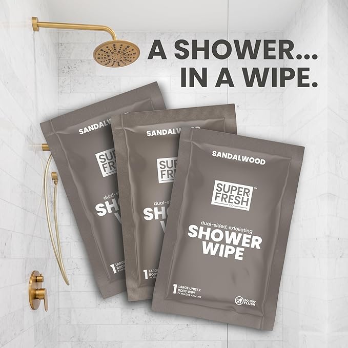 Super Fresh Shower Wipes Large Sandalwood Body Wipes for No Rinse Bathing Personal Hygiene Gym Travel or Camping Enriched with Aloe and Vitamin E 50 Individually Wrapped Disposable Sheets