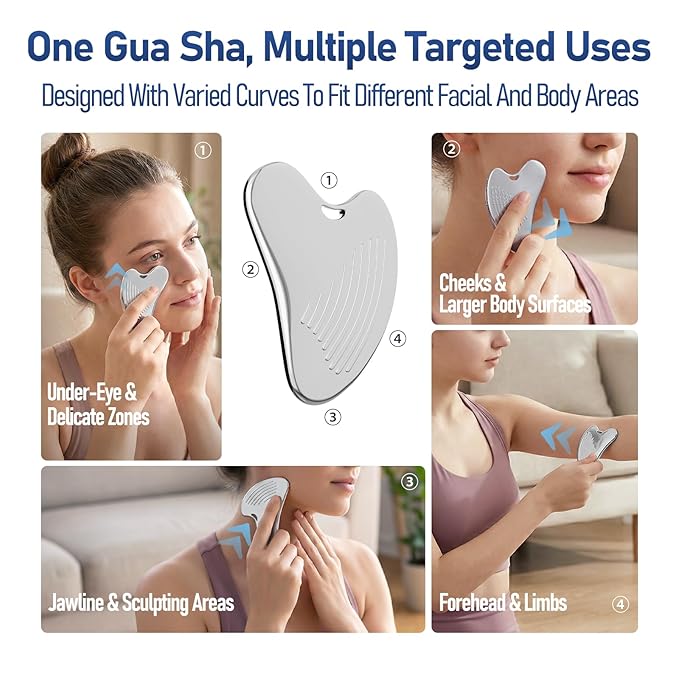 Gua Sha Facial Tools & Face Roller Set, Stainless Steel Facial Massager Tools for Lymphatic Drainage & Face Sculpting, Textured Guasha for Better Grip, Double Chin Reducer, Skincare Gift for Women
