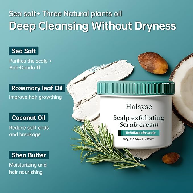 Sea Salt Scalp Scrub Exfoliating Anti-Dandruff, 3 Natural Oils and 6 Trace Herbal Extracts for Anti-Frizz and Hair Strengthening, Soothe Dry Scalp and Make Hair Shiny