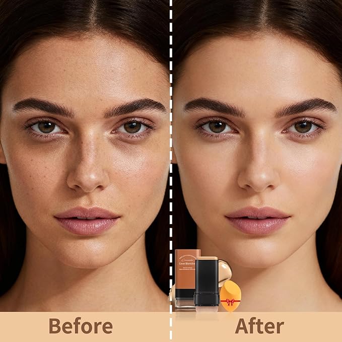 Full Coverage Foundation Stick with Contour Brush, Water Resistant & Lightweight Foundation Makeup with Beauty Sponge, Buildable Concealer Stick for Multiple Skin Tones, Daily Natural Matte Finish
