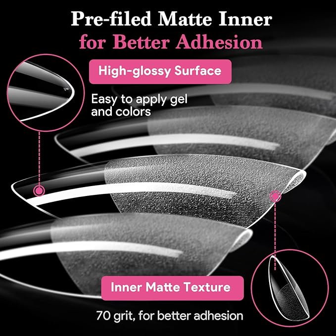 Qiek Medium Almond Fake Nail Tips, 15 Sizes 240 PCS Clear Half Matte Press On False Nail Tips Pre-shaped Full Cover Gel Nail Acrylic Soft Tips Extensions Thick Long Lasting for Home DIY Nail Salon