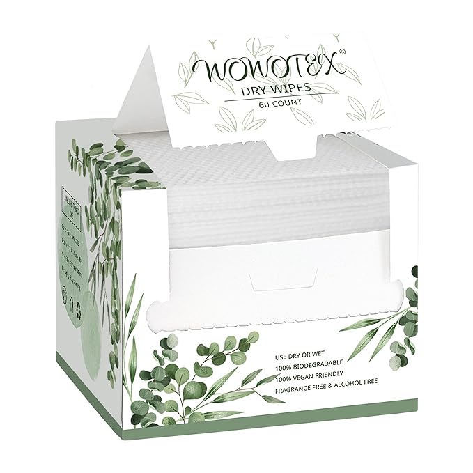 WOWOTEX Disposable Face Towel Biodegradable Large Dry Wipes 60 Count/Box Extra Thick Soft Clean Facial Towels for Sensitive Skin, Makeup Removing, Cleansing, Nursing, Travel, 10×12 Inches