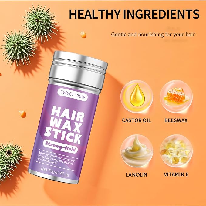 SWEET VIEW 2PCS Hair Wax Stick, Flexible Hold Slick Back Hair Pomade/Balm for Tame Flyaways, Frizz, Sleek Ponytail, Bun, Styling Accessory Cream/Gel for Girls