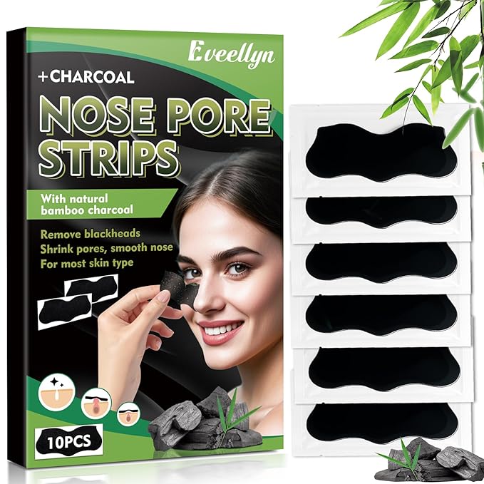 Eveellyn Blackhead Remover Strips, 10 Pcs Charcoal Pore Strips, Deep Cleansing Blackhead Strip for All Skin Type, Nose Strip Blackhead Remover, Keep Skin Clear and Tighten Pores