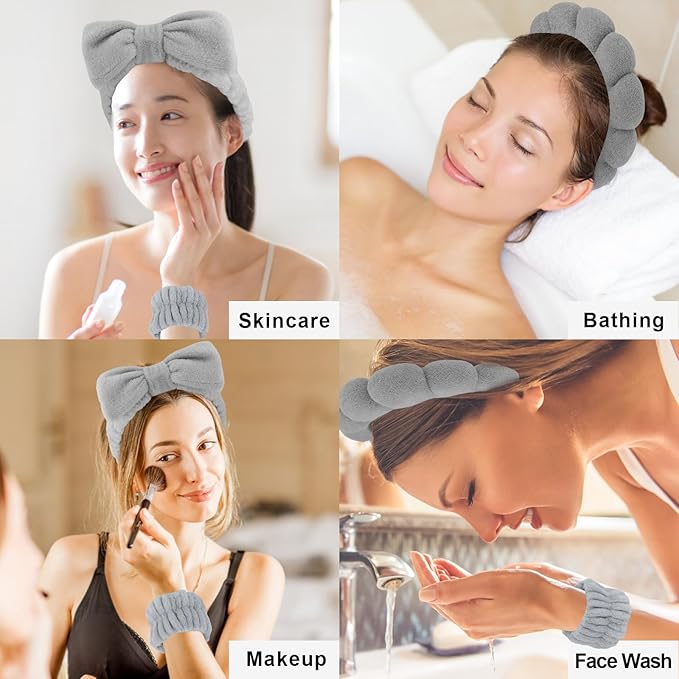 Canitor Sponge Spa Headbands Wristband Set with Hair Clips Skincare Headbands for Washing Face Non Slip Puffy Terry Cloth Makeup Headband Face Wash Wrist Bands Cute Trendy Stuff (gray)