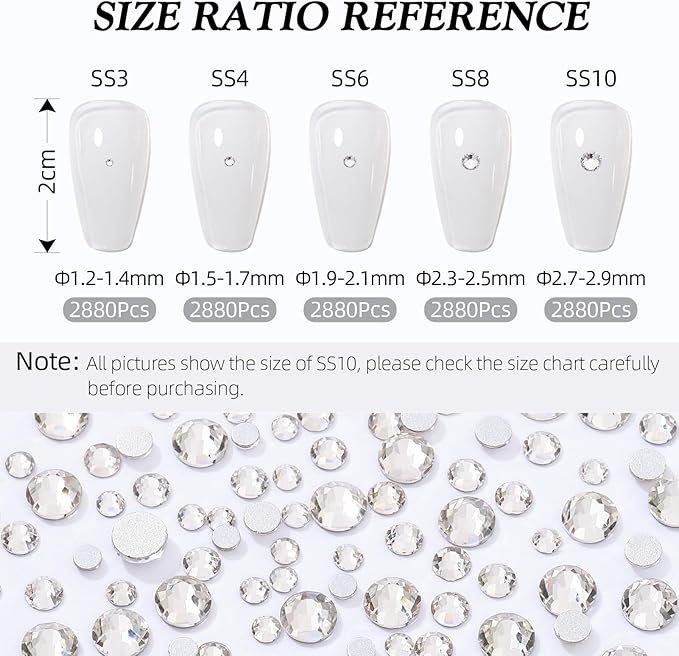 Meibite Crystal Clear Flatback Rhinestones, Glass Rhinestones for Nail Art and Craft, Glue Fix, Loose Crystal Gemstones(Crystal, SS10, 2880pcs, 2.7-2.8mm)