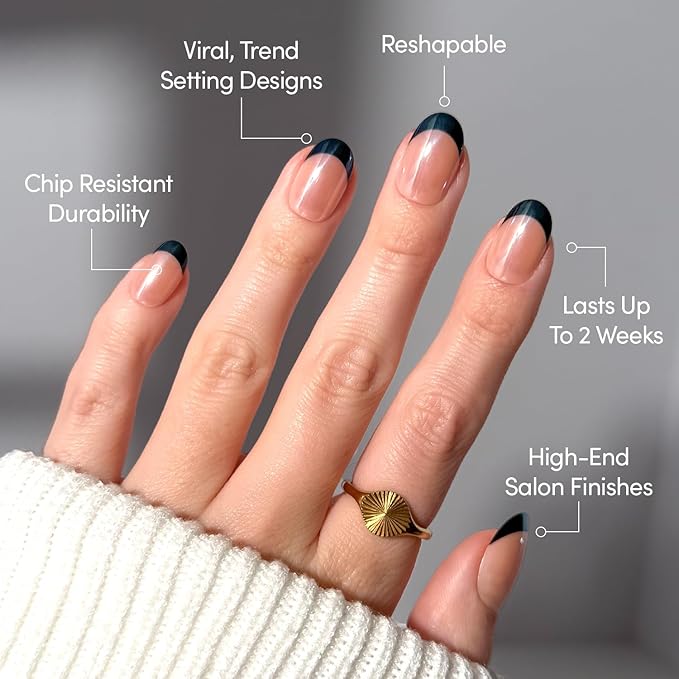 Glamnetic Press On Nails - Onyx Glaze | Short Round Black French Tip Fake Nails, Salon Quality French Manicure | 12 Sizes - 30 Nail Kit with Glue