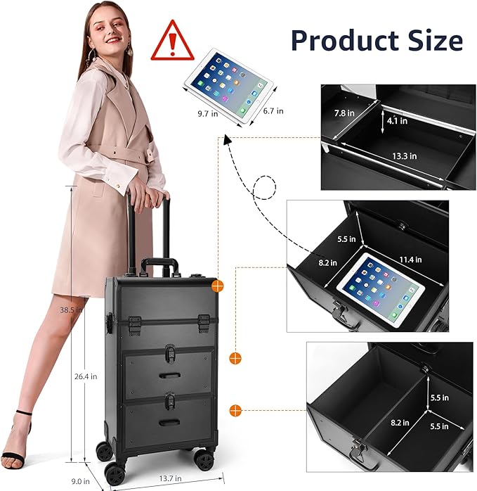 Yokilly Rolling Makeup Train Case, Professional Cosmetology Case on Wheels, Aluminum Cosmetic Trolley Travelling Cart Trunk with Swivel Wheels, Sliding Drawer & Keys for Nail Technician Stylist(Black)