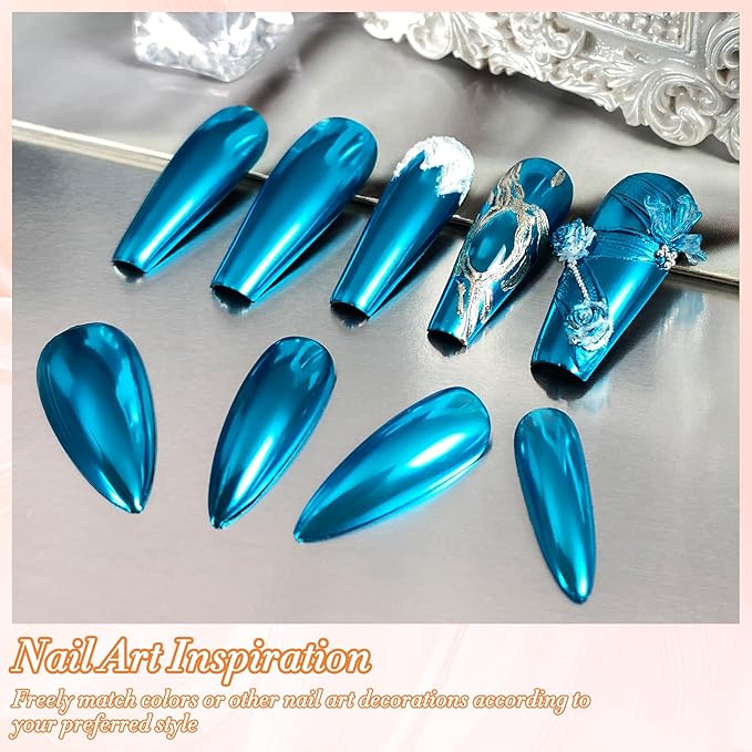 FNNZ Chrome Nail Powder, Metallic Lake Blue Nail Powder Pigment Premium Mirror Effect Salon Nail Art Glitter Dust for Gel Polish Decoration Home DIY Nail Manicure Supplies