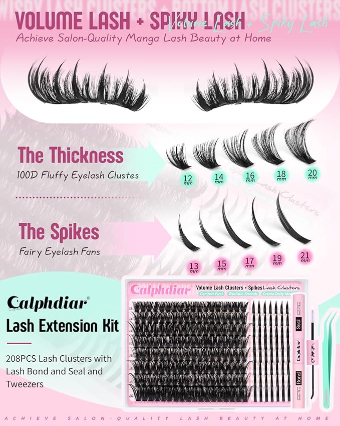 Spikes Eyelash Clusters Volume Lash Clusters Kit DIY Salon-Grade Lash Extensions Spiky Individual Lashes Extension Kit 12-21mm Cluster Eyelash Extensions Kit Manga Lashes Clusters with Bond and Seal