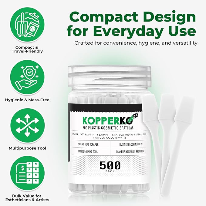 Kopperko Mini Spatula (2.5”, 500 Pack) - Small Facial Makeup Spatula for Skincare, Creams & Crafts | Eye Cream Applicator Tool for Mixing, Cosmetic, Face Mask | Disposable Makeup Applicators | White