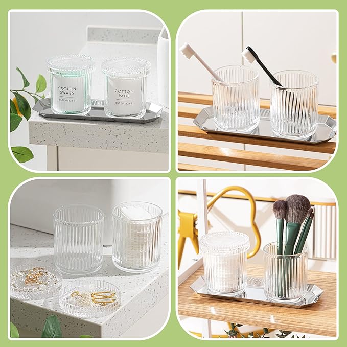 Yiyiring 2 Pack Glass Cotton Swab Holder with Lids and 1 Pack Stainless Steel Trays and Labels Glass Swab Dispenser Cotton Ball Holder Apothecary Jars Floss Pick Containers Bathroom Organizers(Clear)