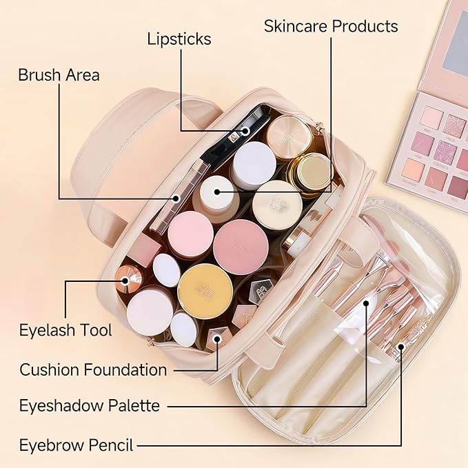 VISSUX Travel Makeup Bag, Large Capacity Waterproof Cosmetic Bag for Women, Opening Storage Toiletry Bag With Handle and Divider, Portable Makeup Organizer Bag for Travel & Daily Use (PINK)