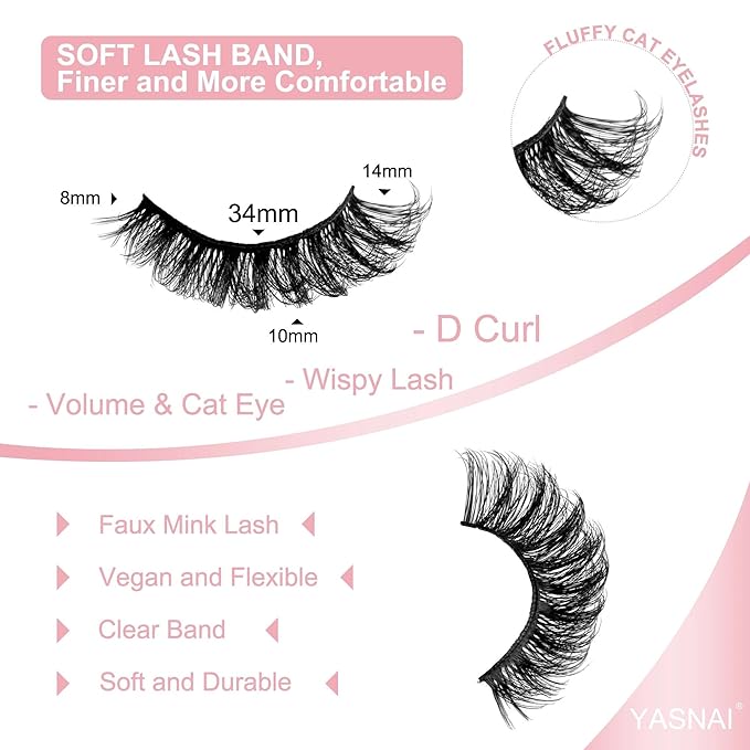Short Lashes Natural Look D Curl 8-14mm Mink Eyelashes Fluffy that Look Like Extensions Strip False Volume Lash Pack Full 7 Pair Wispy Cat Eye Mega Double Stacked Thick Eyelash Small Fake Lashes