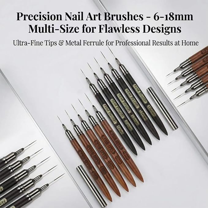 DAIXIANGER 5Pcs Nail Art Brushes, Wooden Liner Brush Set with Storage Tube, UV Gel Polish Painting Tool for Long Lines, Thin Details, Fine Drawing, Sizes 6/8/12/15/18mm-Black