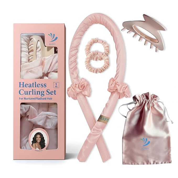 Heatless Curlers, No Heat Curls Overnight, Pink Satin Flexi Rod with 6pcs Heatless Curling Set, 2 Scrunchies, 2 Hair Ties, Carry Pouch, Clip for Overnight Hair Curlers, All Type Hairs