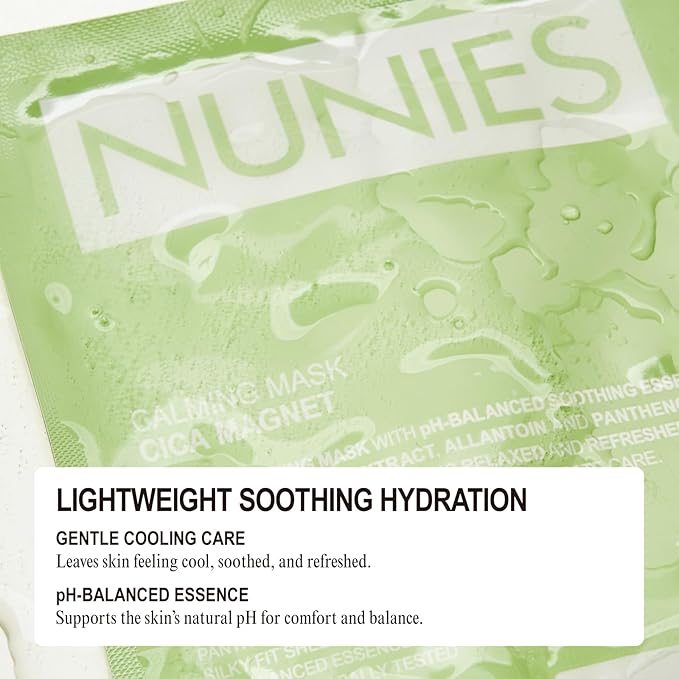 NUNIES Calming Sheet Mask – Korean Soothing Face Mask for Redness & Sensitive Skin | CICA, Allantoin & Panthenol | pH-Balanced | Alcohol-Free, Fragrance-Free, Colorant-Free | 5 Sheets