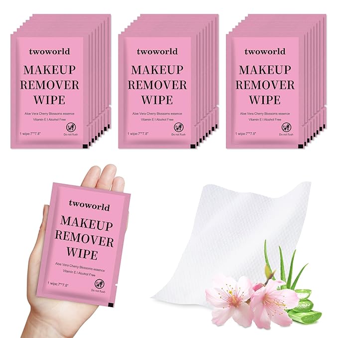 Twoworld Makeup Remover Wipes Bulk Individually Wrapped,Travel Makeup Wipes Gentle for Face Cleansing Mascara Lipstick Travel Hotel(Aloe Vera & Cherry Blossoms,Pack of 100)